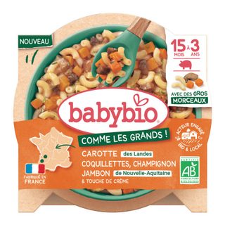 Babybio carotte des landes coquillettes champignon jambon de nouvelle-aqui bio 200g