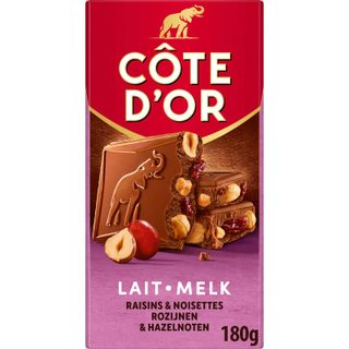Côte D'or tablette chocolat au lait raisins et noisettes entières 180g