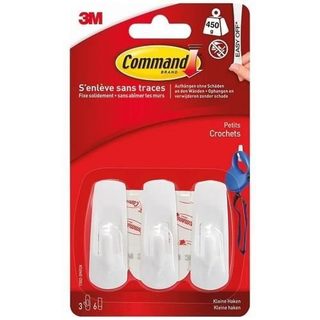 3M - Crochet adhésif - Rectangulaire petit - Crochet pointe plastique - Supporte 450 g - Blanc - Lot de 3