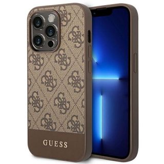Étui pour iPhone 14 Pro - Guess - 4G Bottom Stripe - Cuir biologique - Marron - Semi-rigide