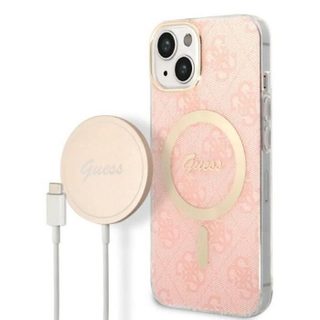 Guess Bundle Pack MagSafe 4G - Ensemble coque pour iPhone 14 Plus + chargeur MagSafe (Rose/Or) - 3666339103057