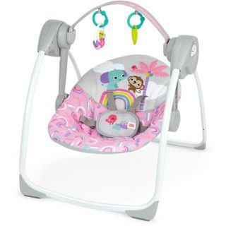 BRIGHT STARTS Balancelle bébé électrique compacte – Animaux rose 6 vitesses balancement 10 chansons 2 position dinclinaison