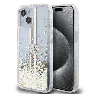 Coque Guess Liquid Glitter Gold Stripes pour iPhone 15 Plus - Transparent