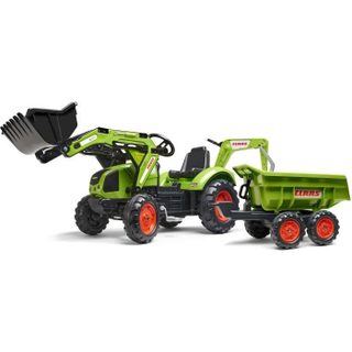 Tractopelle à pédales Claas - FALK - Volant directionnel Selle pivotante & Excavatrice remorque - Fabriqué en France - Dès 3 ans