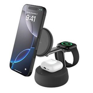 Chargeur pour téléphone mobile Belkin Station de recharge 3-en-1 Qi2 25W câble et adaptateur secteur USB-C inclus gris anthracite