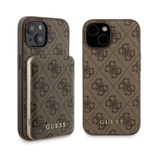 Guess Bundle Pack MagSafe 4G Metal Gold Logo - Ensemble étui + Power Bank 5000mAh MagSafe iPhone 15 (marron)