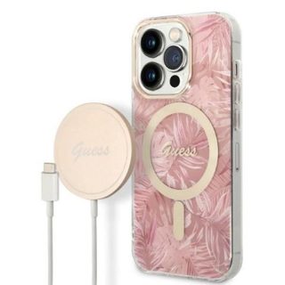 Guess Bundle Pack MagSafe IML Jungle - Set coque pour iPhone 14 Pro + chargeur MagSafe (Rose/Or) - 3666339103347