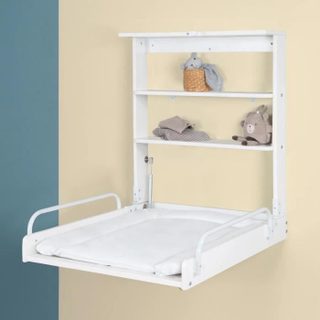 Table à langer murale rabattable - ROBA - Matelas imperméable inclus - 2 Étagères intégrées - Bois Laqué Blanc