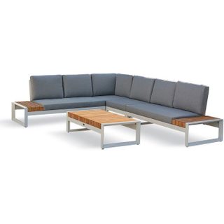 Salon de jardin dangle - Blanc - Teck et aluminium - 6 places - Valencia