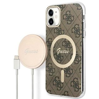 Guess Bundle Pack MagSafe 4G - Ensemble coque pour iPhone 11 + chargeur MagSafe (Marron/Or) - 3666339103385
