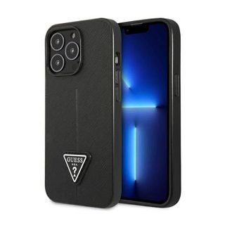 Guess Saffiano Triangle Logo Case - Coque pour iPhone 14 Pro (Noir) - 3666339065386