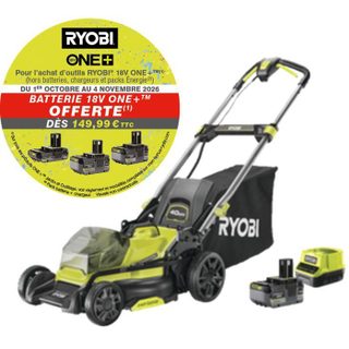 RYOBI - Tondeuse poussée 18V Brushless - Ø coupe 40 cm - ramassage et mulching - batterie 5 0 Ah & chargeur 2 0 A - RY18LMX40C-150
