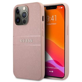 Guess Saffiano Mteal Logo Stripes - Coque pour iPhone 13 Pro Max (Rose) - 3666339023508
