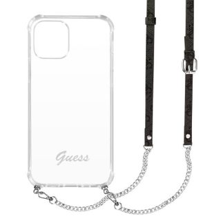 Coque iPhone 12 Pro Max Bi-matière avec Sangle de Sac Gris Guess Transparent
