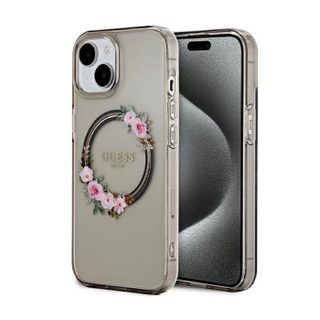 Guess IML Flowers Wreath MagSafe - Coque iPhone 15 (Noir)