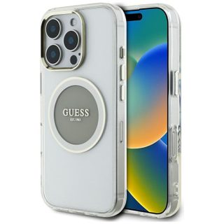 Coque Guess IML Metal Colored Circle Classic Logo MagSafe pour iPhone 16 Pro Max (gris)