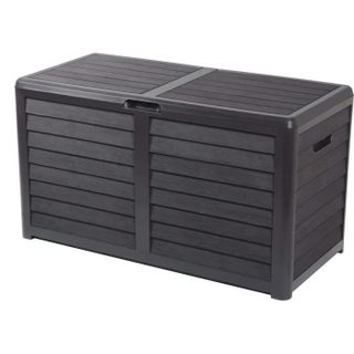 Coffre de jardin - EDA - BAYA - 420 L - Décor imitation bois - Utilisation Intérieure / Extérieure - avec Poignées - Gris Anthracite