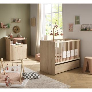 Sauthon Chambre Bébé Duo - Lit 120 X 60 Cm + Commode 2 Portes Et Une Niche - Adele - Hetre/creme