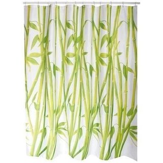 MSV Rideau de douche L.180 x H.200 cm blanc et vert, motifs bambou, en polyester Bambou