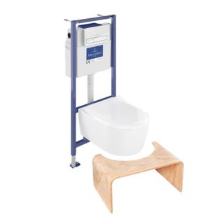 Villeroy & Boch Pack WC suspendu sans bride VILLEROY ET BOCH Avento + abattant + bâti-support sol et mur + plaque chromée + tabouret physiologique