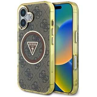 Coque Guess IML Metal Glitter 4G Circle Triangle MagSafe pour iPhone 16 - Brown