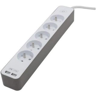 CHACON Bloc multiprise 5 prises 16 A avec 2 ports USB et câble 1 5 m HO5VV-F 3x1 5 mm² blanc et brun
