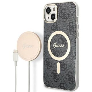 Guess Bundle Pack MagSafe 4G - Ensemble coque pour iPhone 14 + chargeur MagSafe (Noir/Or) - 3666339102814