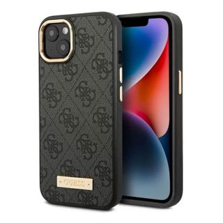 iPhone 14 Plus - Coque MagSafe GUESS Monogramme 4G & Plaque Logo Dorée (Anthracite)