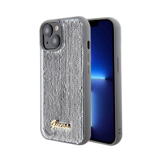 Guess Sequin Script Metal - Coque pour iPhone 15 (Argent)