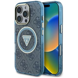 Coque Guess IML Metal Glitter 4G Circle Triangle MagSafe pour iPhone 16 Pro Max - Blue