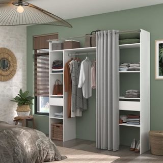 Ekipa Dressing avec rideau - 2 tiroirs et 2 colonnes - Décor Blanc - L 198 x P 40 x H 203 cm - ARTIC
