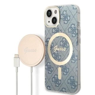 Guess Bundle Pack MagSafe 4G - Ensemble coque pour iPhone 14 Plus + chargeur MagSafe (Bleu/Or) - 3666339102975