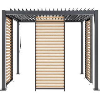 Ensemble GAYA - Pergola bioclimatique 300x300xH240 cm avec 3 persiennes - Aluminium et acier - Gris et imitation bois