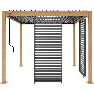Ensemble GAYAB - Pergola bioclimatique 300x300xH240 cm avec 2 persiennes - Aluminium et acier - Gris et imitation bois