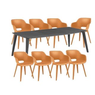 Ensemble repas de jardin rectangulaire - 1 table LIMA 240 cm graphite et 8 fauteuils AKOLA ocre