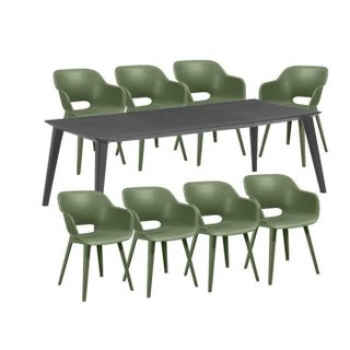 Ensemble repas de jardin rectangulaire - 1 table LIMA 240 cm graphite et 8 fauteuils AKOLA gris olive