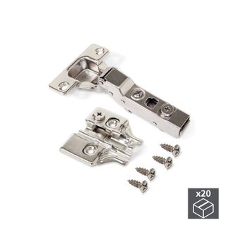 Lot de 20 charnières coudées pour montage en applique X91 avec fermeture amortieet embases avec réglage excentrique à visser