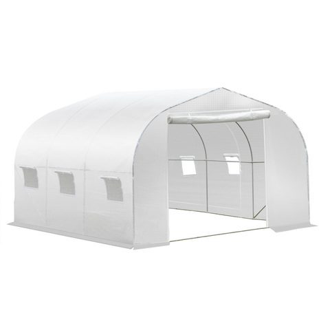 Outsunny Serre tunnel de jardin dim. 3,5L x 3l x 2H m porte + 6 fenêtres enroulables acier galvanisé bâche PE haute densité