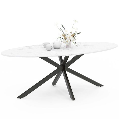 Id Market Table à manger ovale alix 10 personnes pied araignée noir et plateau effet marbre blanc alaska 200 cm