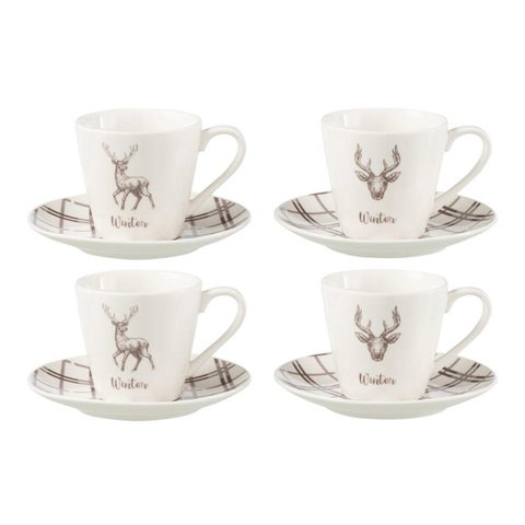 J-line Lot de 4 Tasses à Thé & Sous-Tasses Renne Winter 22cl