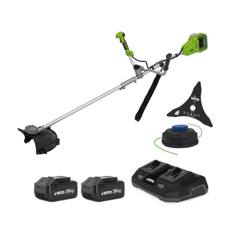 Vito Débroussailleuse et Coupe bordure 40V 2 Batteries Lithium 4.0 Ah + Chargeur Double Lame 3 dents Bobine de fil + Harnais