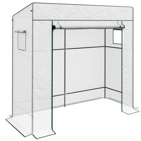 Outsunny Serre de jardin murale serre adossée porte enroulable bâche PE renforcée 2 fenêtres 196L x 77l x 197/178H cm