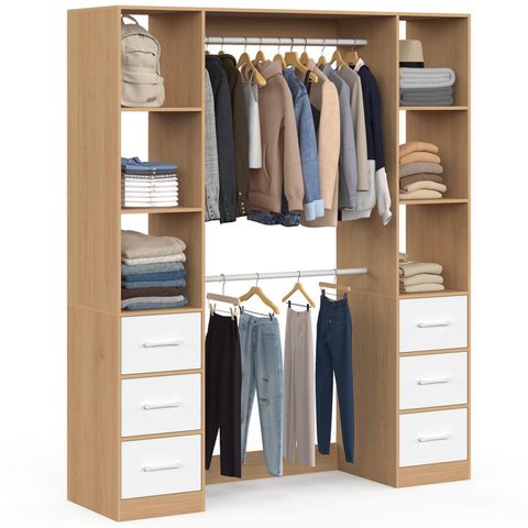 Id Market Dressing double penderie + double colonne l. 140 cm uppah avec 6 étagères et 6 bacs en tissu bois