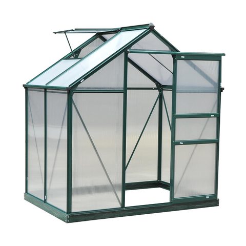 Outsunny Serre de jardin aluminium polycarbonate 2,51 m² dim. 1,9L x 1,32l x 2,01H m lucarne, porte coulissante + fondation incluse alu. vert polycarbonate