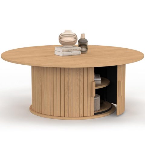 Id Market Table basse ronde JULIETTE 100 cm avec rangement lattes tasseau bois coloris chêne