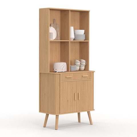Id Market Buffet de cuisine 80 cm romie 2 portes + tiroir effet lattes tasseau de bois