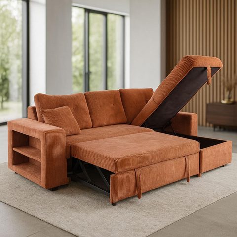 Concept Usine Canapé d'angle convertible 4 places avec c en velours côtelé terracotta GLASGOW