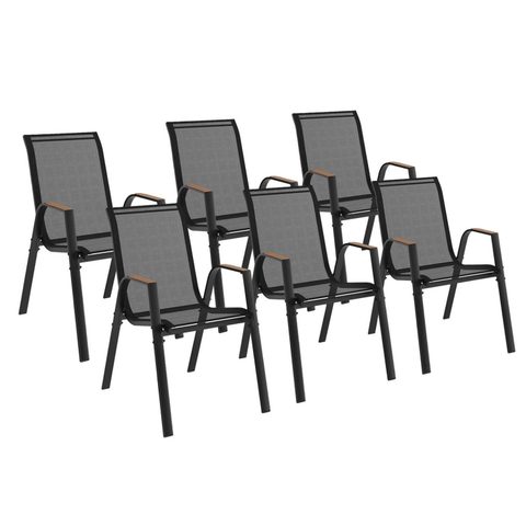 Id Market Lot de 6 chaises de jardin noumea métal et textilène empilables noir et bois