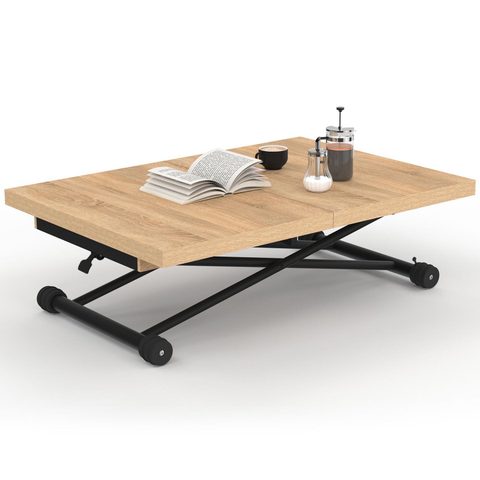 Id Market Table basse extensible relevable en table à manger rectangulaire altura 100-160 cm bois et noir design industriel