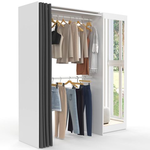 Id Market Dressing extensible marty 120/170 x 50 x 180 cm blanc avec étagères + double penderie + miroir + rideau
